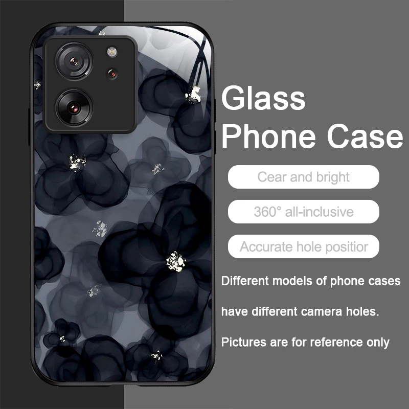 Luxury Black Rose Flower Tempered Glass Phone Case - Elegant Hard Cover
