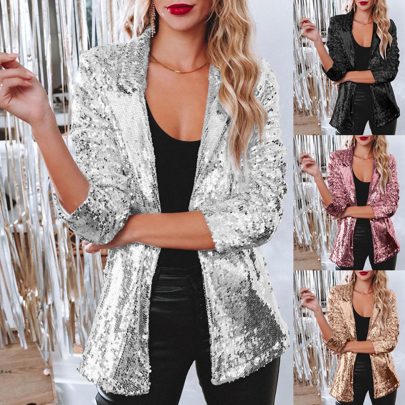 Women's Fashion Solid Colour Glitter Sequins Lapel Casual Blazer Casual Loose Long Sleeve Elegant Fitted Party Suit Jacket