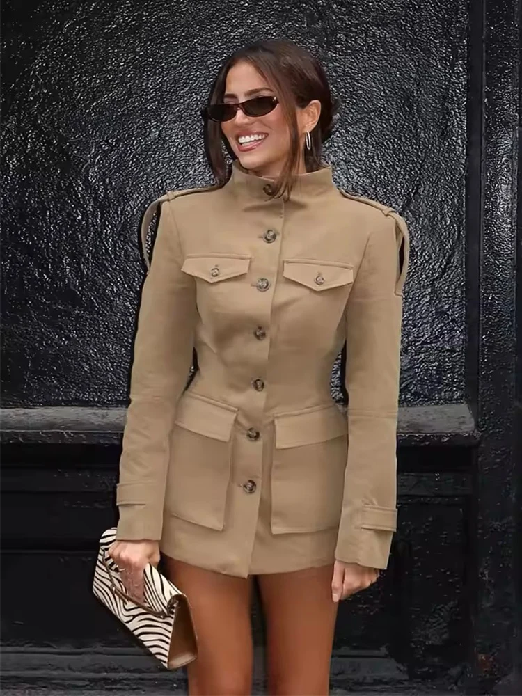 Vintage Women's Khaki Stand Collar Jackets Slim Waist Single Breasted Pockets Full Sleeve Coats 2025 Autumn Lady Commute Outwear