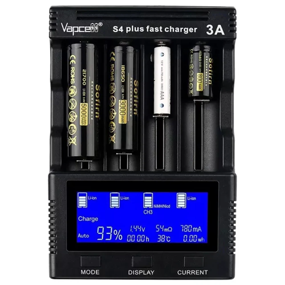 Vapcell S4+ 3.0 Version Smart Chargers with 4 Slots Max 3A Per Slot Battery Charger for 10440 14500 16340 18650 21700 26650 battery charger
