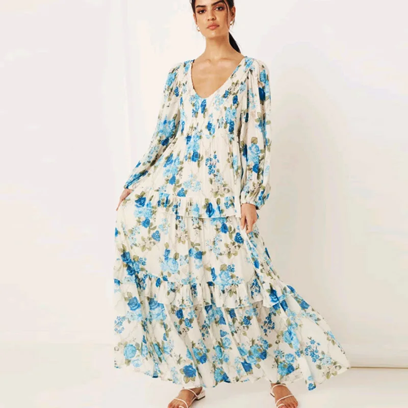 

Boho Long Sleeve Vestidos Robe Autumn Vintage Shirred Chest Ruffles O Neck Dress Cotton Rayon Floral Print Maxi Dress for Women