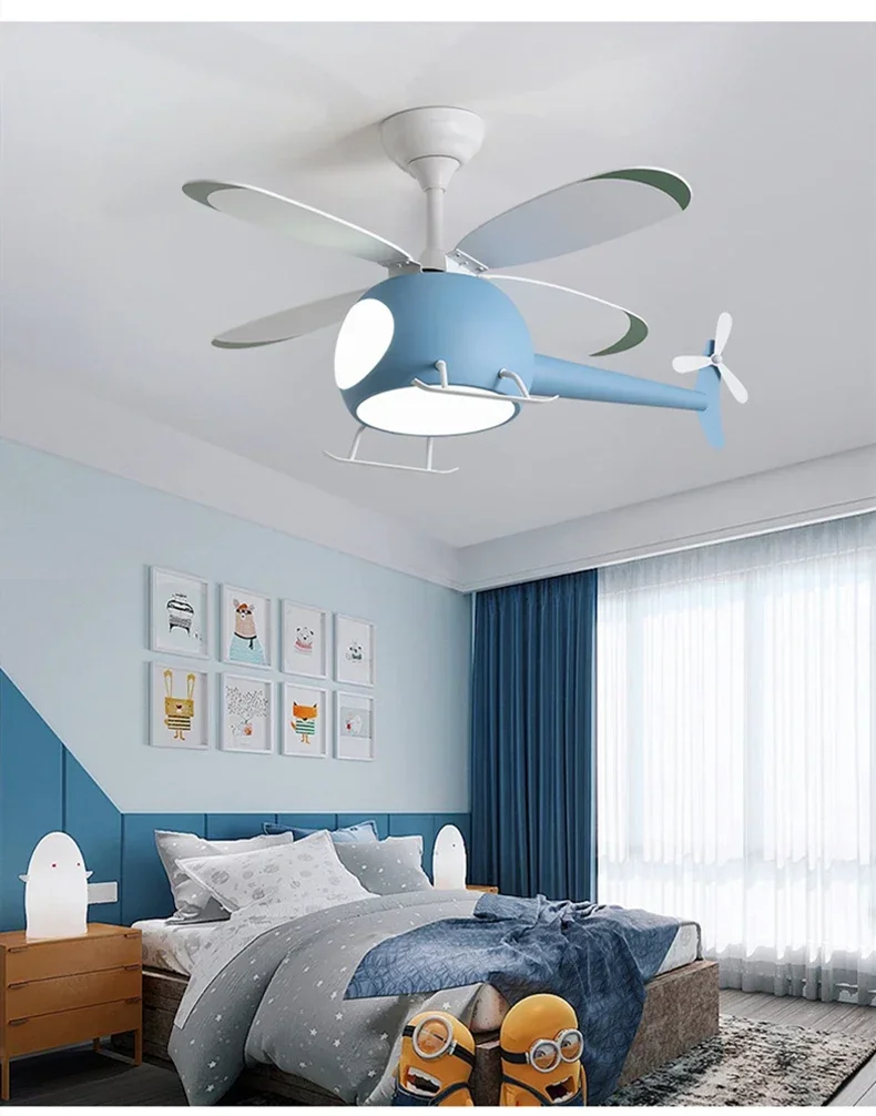 ヘリコプター型シーリングファンライト｜ブルー・三色切替LED｜子供