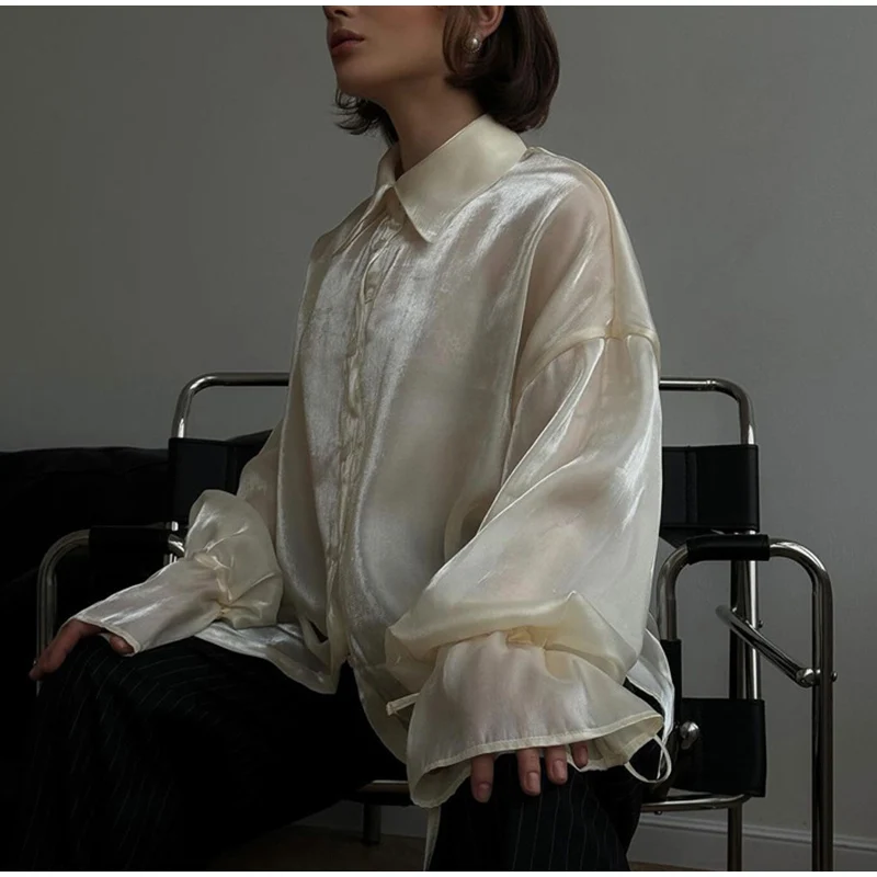 Camisas vintage lisas con mangas acampanadas y cuello alto para mujer, elegantes camisas con solapa y botonadura sencilla con cordones, blusas elegantes de calle para mujer