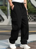 2024 Spring/Summer New Men's Fashion Casual Pants Solid Color Drawstring Multi Pocket Sports Running Straight Work Pants 1