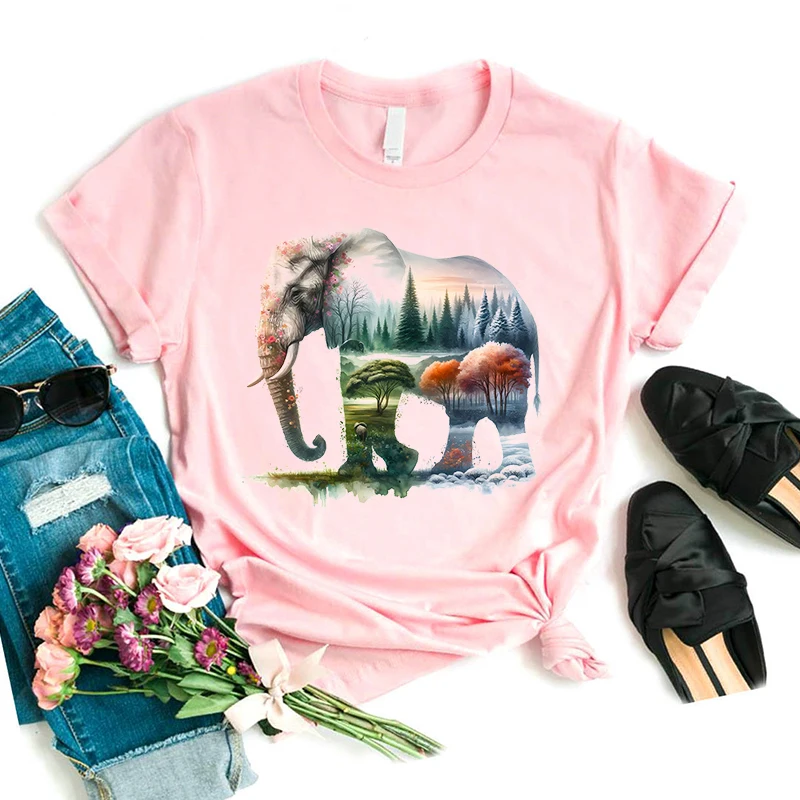 Aquarell Elefant Natur Tier Gedruckt T-shirt Mädchen Lustige Rosa T Shirt Frauen Casual Kunst Ästhetische Kleidung Sommer Tops T-Shirt – Detail 9