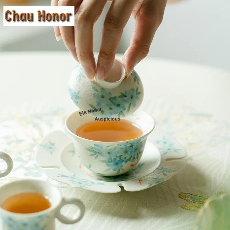 90ml Pure Hand-painted Blue Star Flower Gaiwan Zen Tea Tureen Tea Bowl with Lid Kit Tea Brewing Cover Bowl Tea Items Ornaments