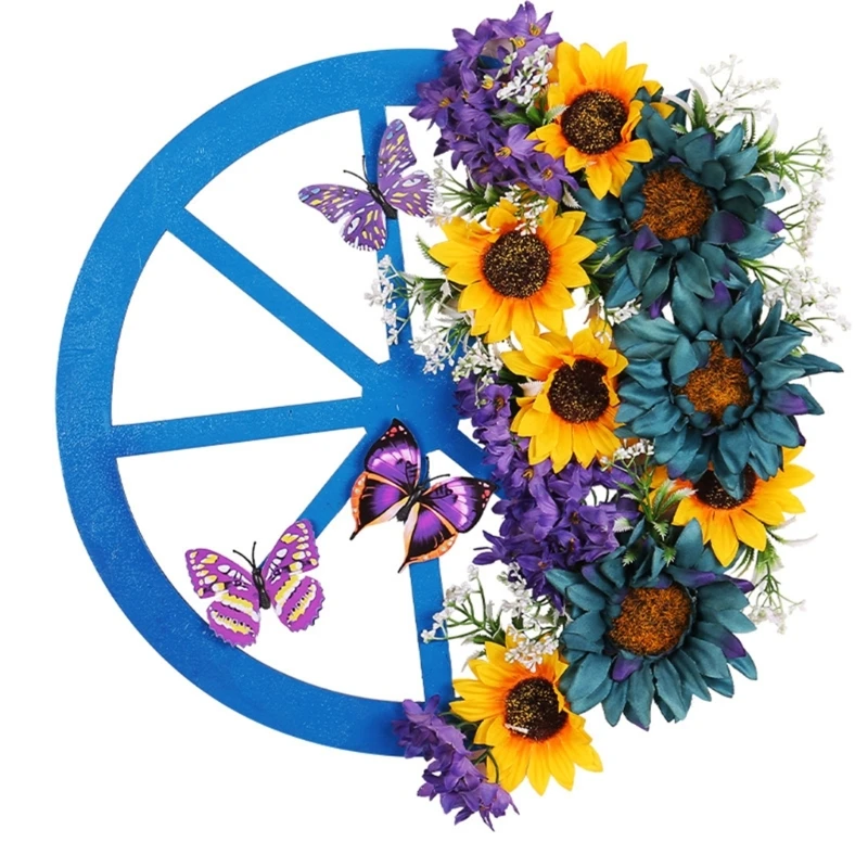 

Blue Bike Wheel Flower Wreath Door Decor Unique Stylish and Charm
