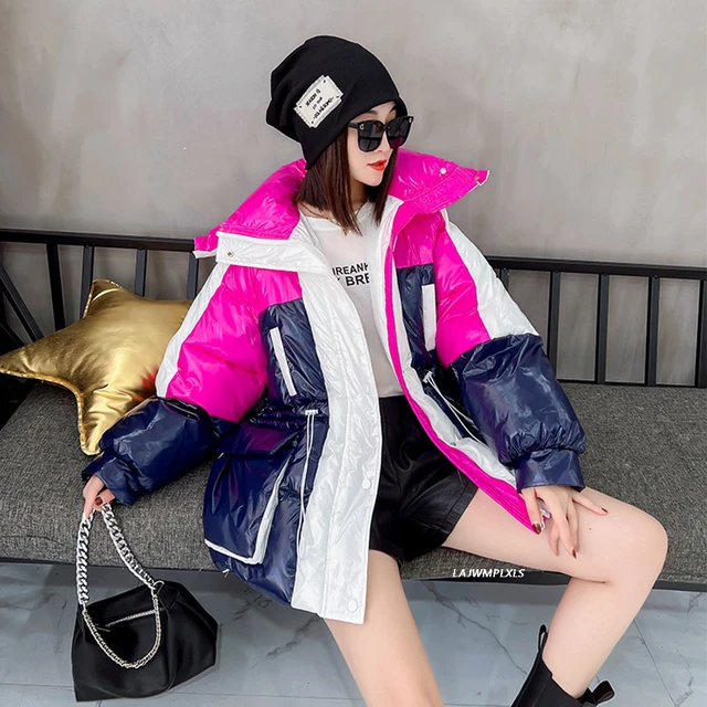 Pink And Black Puffer Jacket For Women