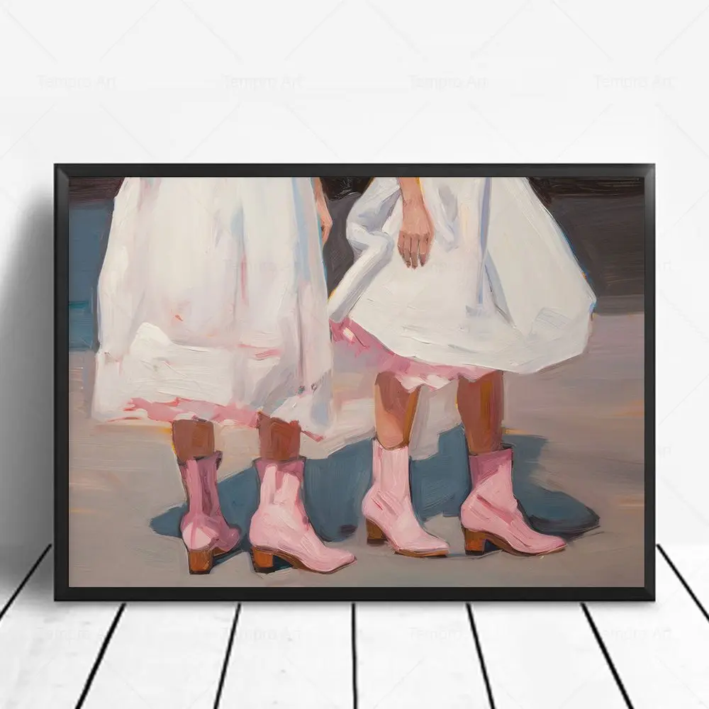 여성용 웨스턴 카우걸 부츠 발레 포스터, 레트로 핑크 아파트 그림, 1950 년대 미적 캔버스 프린트, 가정 소녀 방 장식, 패션