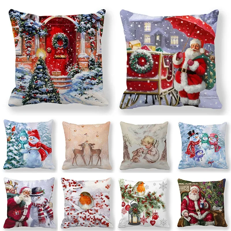 

Merry Christmas Cushion Cover Gift Santa Claus Snowman Angel Reindeer Robin Print Pillowcase Winter Sofa