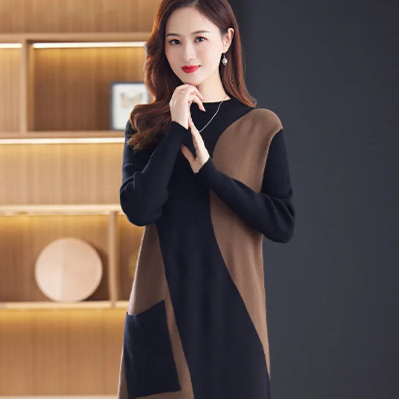 

#1926 Spliced Color Pullover Sweater Dress Women Pockets Slim Office A-line Dress Elegant Knitted Midi Dress Female Warm Winter