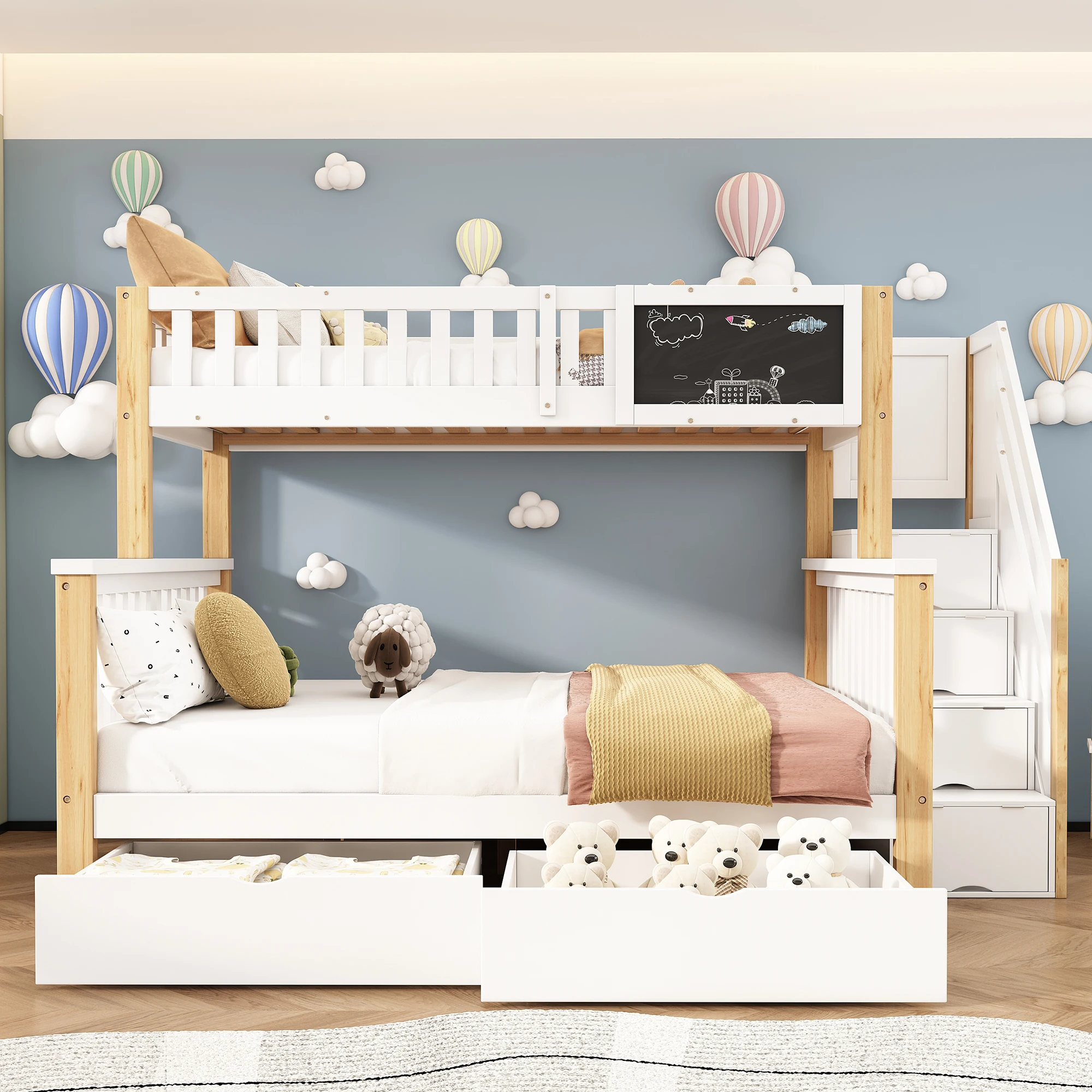 Multifunktionales Etagenbettgestell für Kinder, Doppelbett aus Holz, Kinderbett, mit Tisch und Schubladen, ohne Matratze, Weiß + helle Eiche – Detail 4