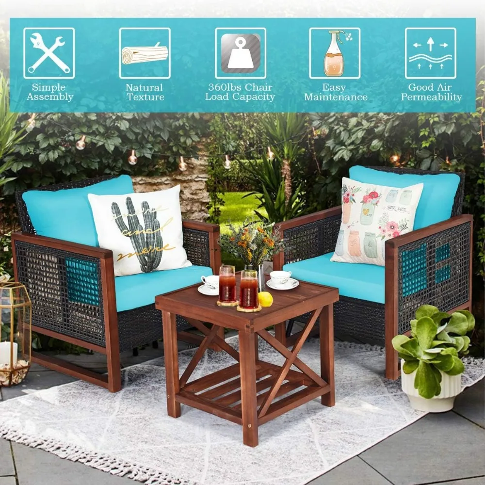 3 Pieces Patio Wicker Furniture Set, Rattan Outdoor Sofa Set w/Washable Cushion & Acacia Wood Coffee Table, Conversatio 5