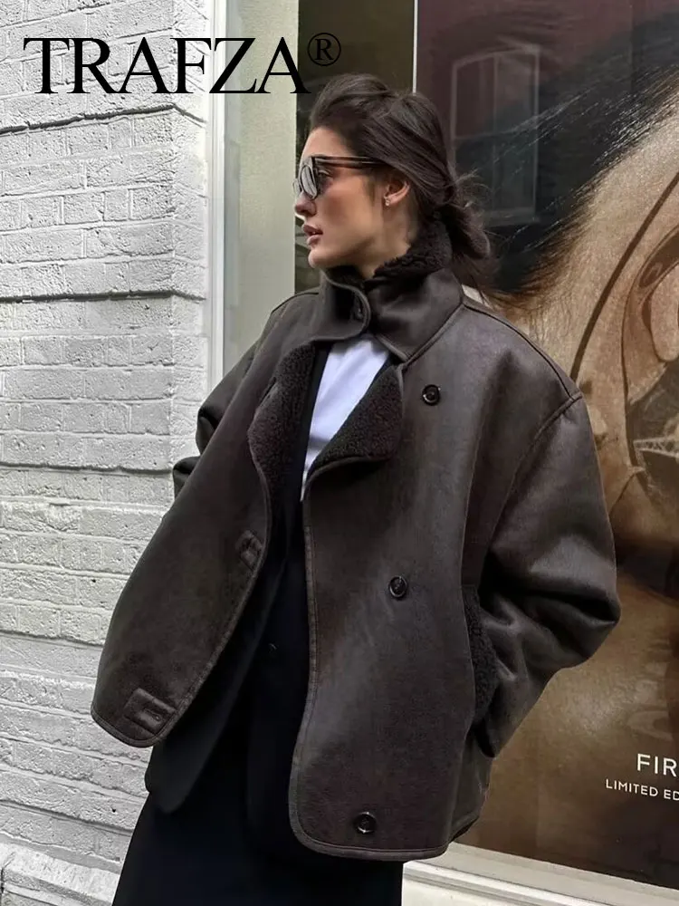 HH Women Vintage Faux Leather Jackets Autumn Winter Warm Wool Blends Single Breasted Coat With Pockets High Street Outerwear