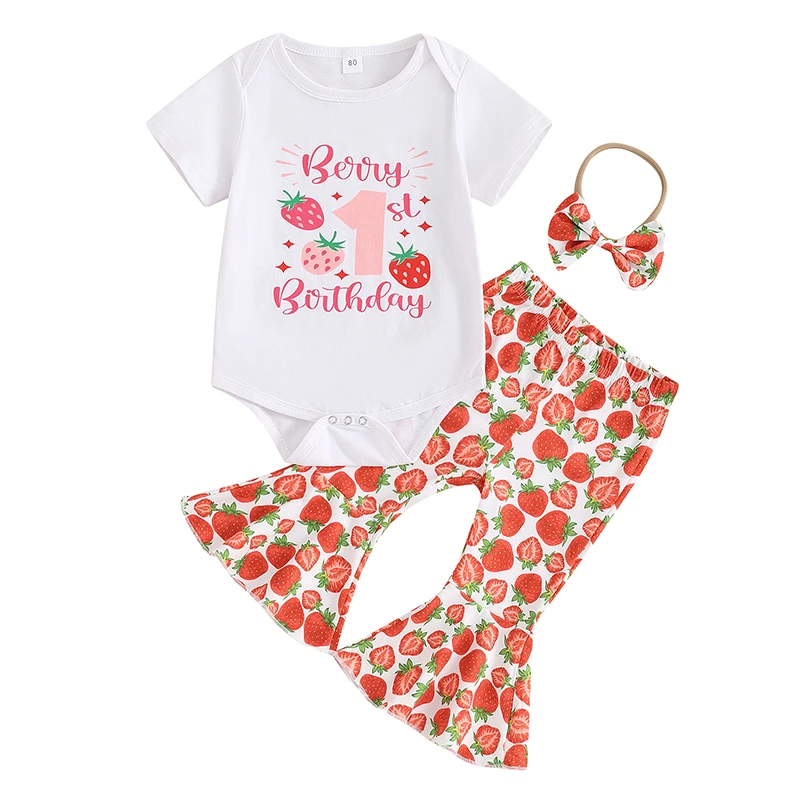 

Baby Girls Birthday Outfit Sets Short Sleeve Letter Print Romper Tops Strawberry Print Flared Pants Headband Sets