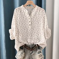New Spring 100% Cotton Casual Shirt Women Batwing Sleeve Stand Collar Printed Top Girl OL Loose Blouses 2024 Summer T447104QM - Image 5
