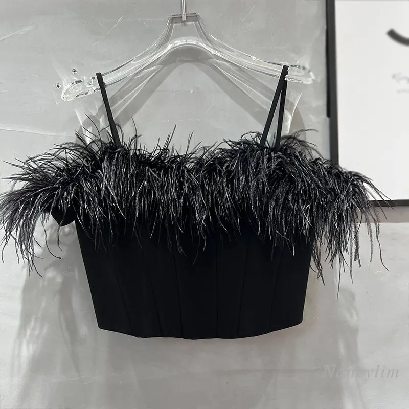

2023 Summer New Sexy Goddess Real Ostrich Fur Feather Stitching Fishbone Off-Shoulder Short Crop Top Y2k Top Red Camisole Tank