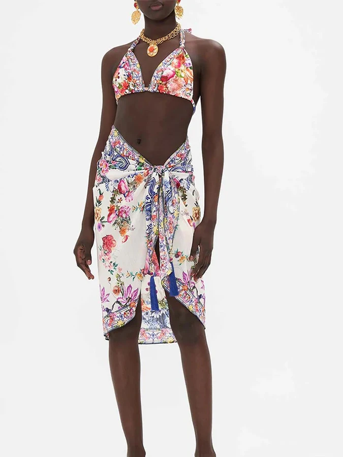 Color Contrast Women's Bikini Fashion Trend Flower Print Swimsuit Set Designer New Beach Vacation Camping Swimwear And Cover-Up