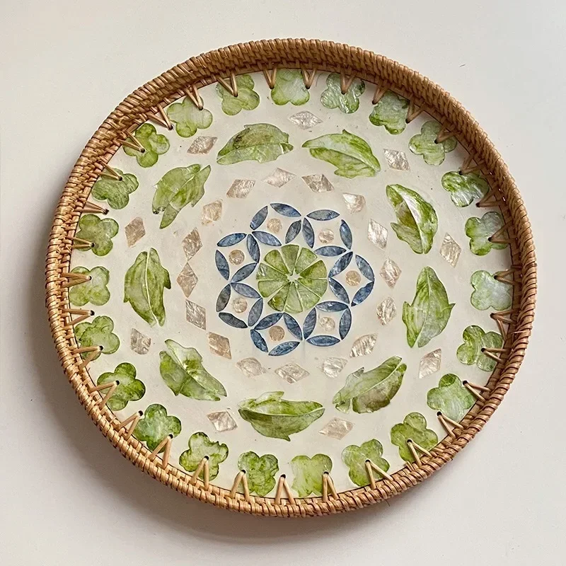 Korean Handmade Rattan Round Shell Tray Household Cake Bread Breakfast Basket Snacks Dried Fruit Plate Home Decoration Ornaments 3