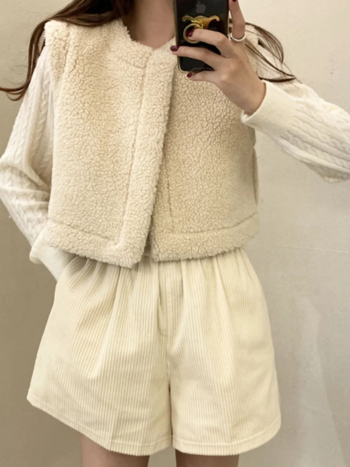 Women's ort Lamb Fur Spliced Suede Vest Jaet Double-Sided Wear Winter Faion Thiened round Ne No-Cuff  Color