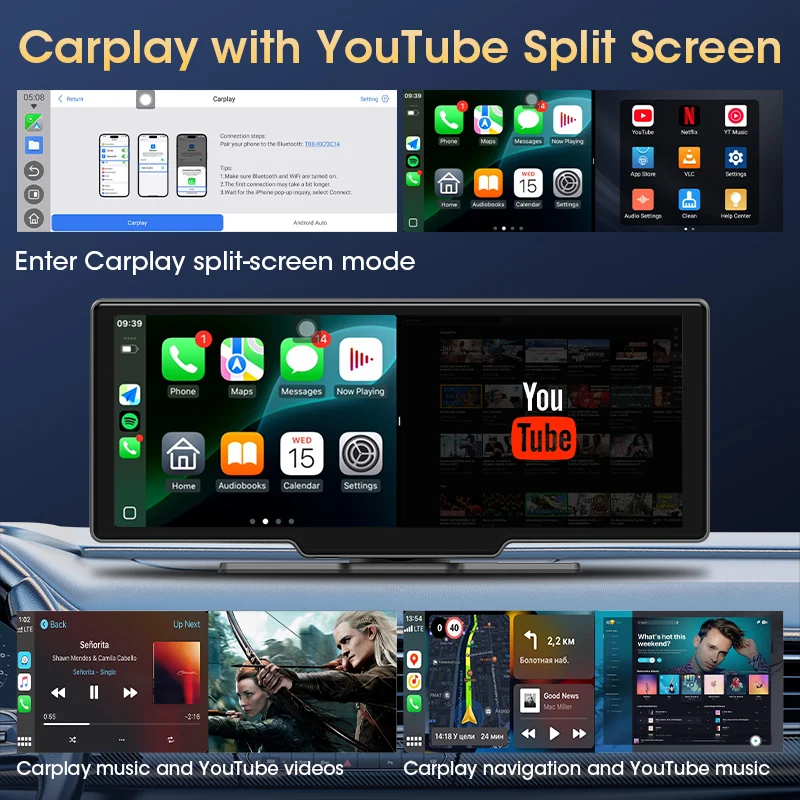 JMCQ Universal 10,26 "Android WIFI reproductor Multimedia para coche Bluetooth inalámbrico Carplay pantalla de Monitor automático para YouTube para Netflix 3
