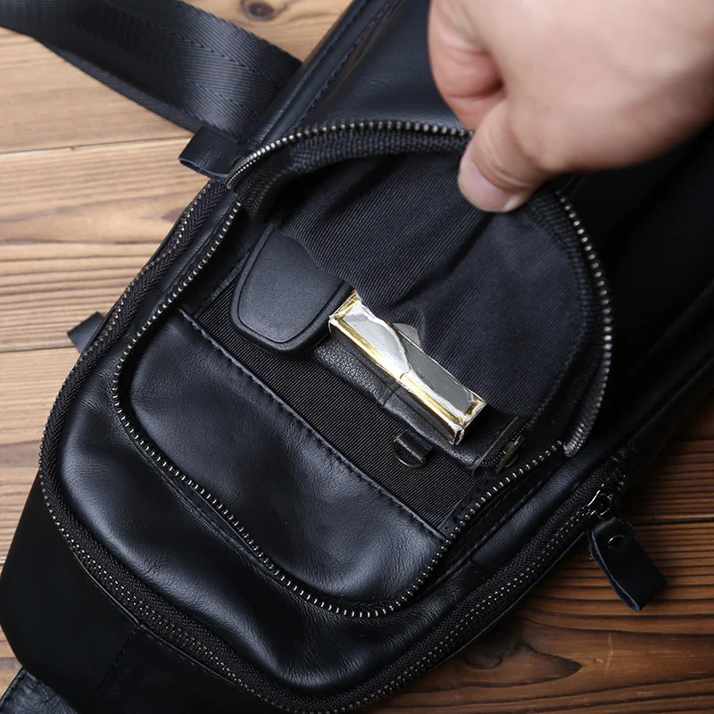 NZPJ Trendy Leather Men's Chest Bag Casual Shoulder Bag Natural Cowhide Messenger Bag Black Small Backpack For 8 Inch Tablet