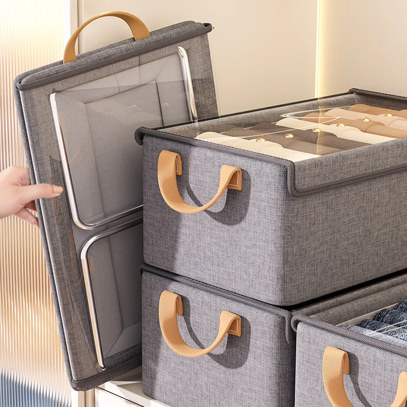 Collapsible Clothing Organizer Folding Clothes Storage Basket with Cover Metal Frame Underwear Storage Box Wardrobe Organizer 3