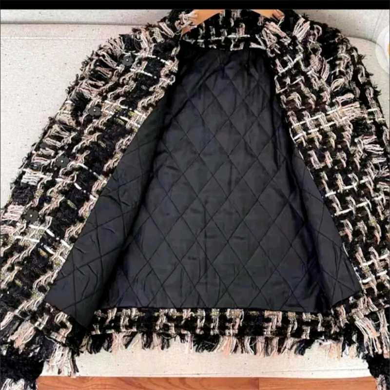 2023 New Fashion Simple and Versatile Heavy Industry Black Gold Woven Tassel Thickened Small Fragrant Coat with Advanced Sense
