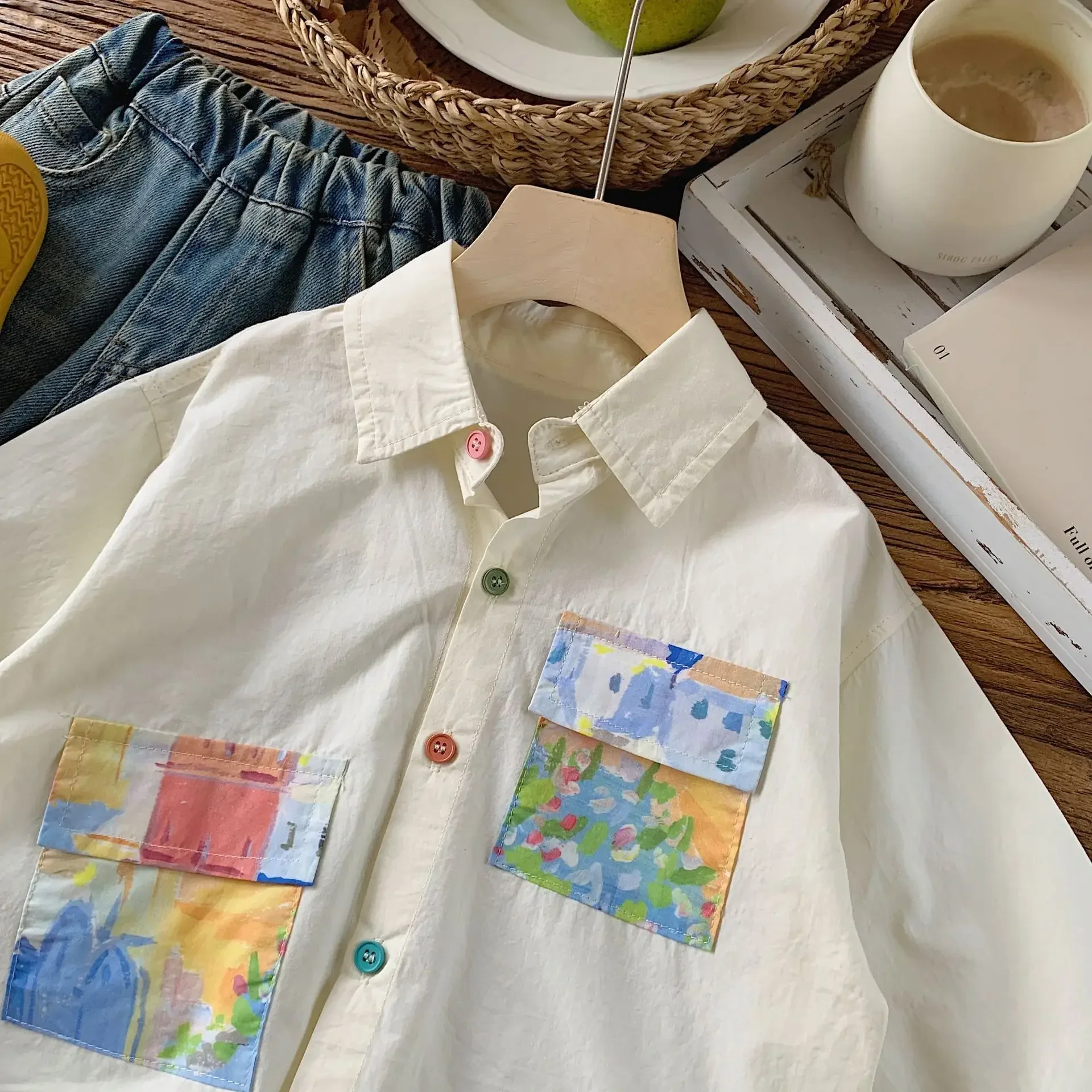 Spring Children's Shirt Autumn Edition Boys' Color Button Long Sleeve Shirt Children's Fashion Painting Hoodie for Girls