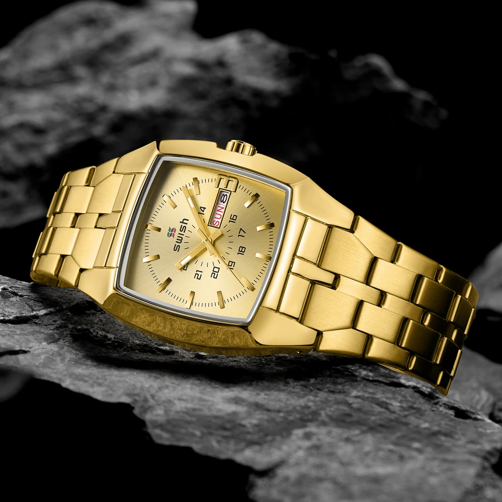 SWISH Square Luxury Watch for Men Quartz Movement Gold Dial Weekday Date Relogio Masculino Business Wristwatch Waterproof Luxury