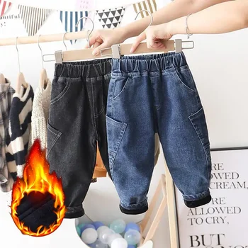 LIEMEI girls boys jeans velvet warm denim pants baby Kids pockets long pant trousers Children Clothes 1