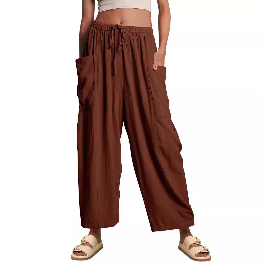 Women's Elastic Waist Fold High Waist Wide Leg Pants Loose Casual Cotton Hemp Long