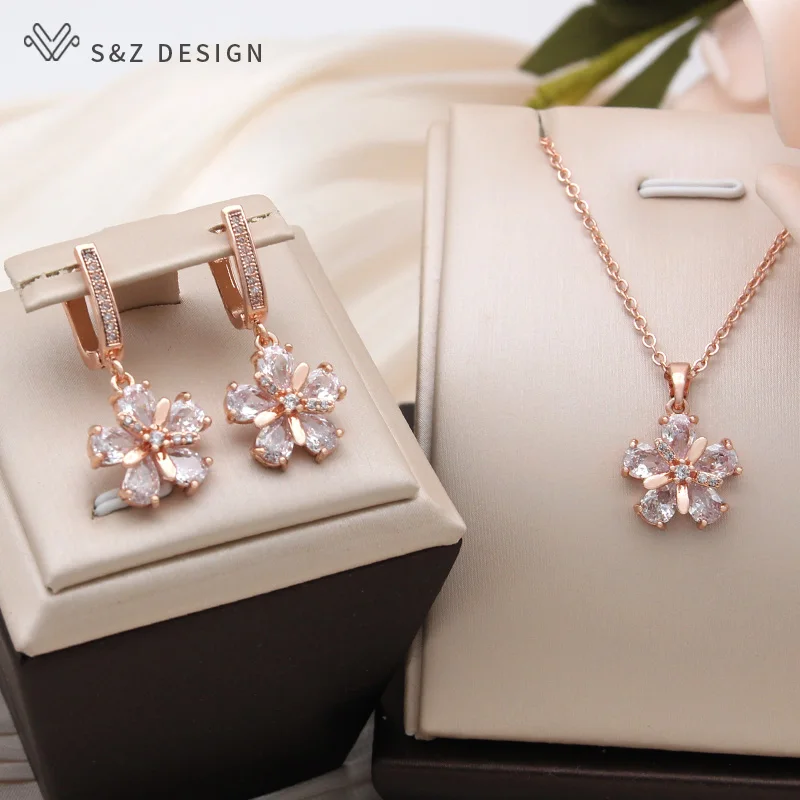 S&Z DESIGN New Fashion Rose Gold Color Flowers Pendant Necklace For Women Cubic Zirconia Jewelry Daily Accessories Romantic Gift