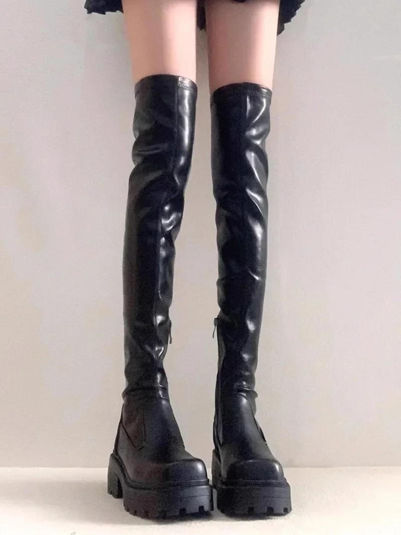

New Over Knee Boots for Women Winter Solid Leather Slip on Platform Shoes for Women Square High Heels Square Toe Modern Boots