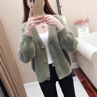 Loose Women's Knitted Short Cardigan Outerwear V-neck Pattern Korean Style Imitation Otter Fur Jacket for Autumn Winter