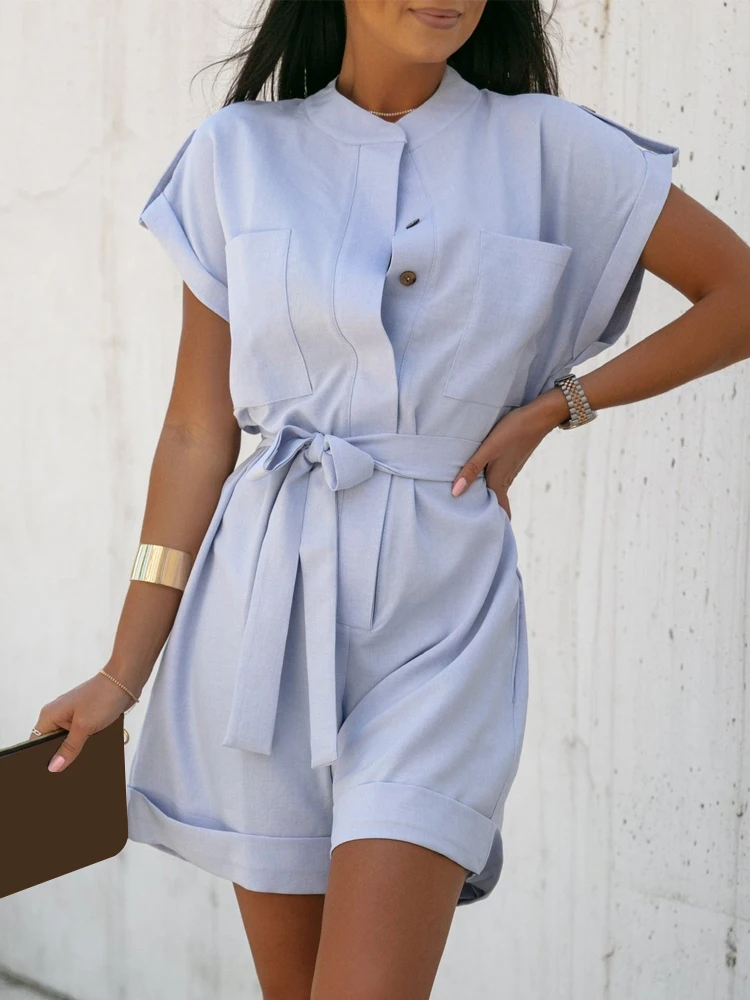 

Women Elegant Solid Color Jumpsuit Cotton And Linen Single Breasted Shorts Breasted Commuter Rompers