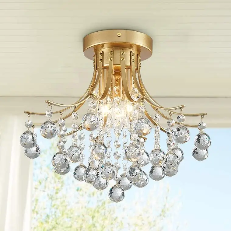 

Modern Gold Crystal Semi-Flush Mount Chandelier Lighting Ceiling Light Fixture Lamp for Diningroom Bathroom Bedroom Livingroom