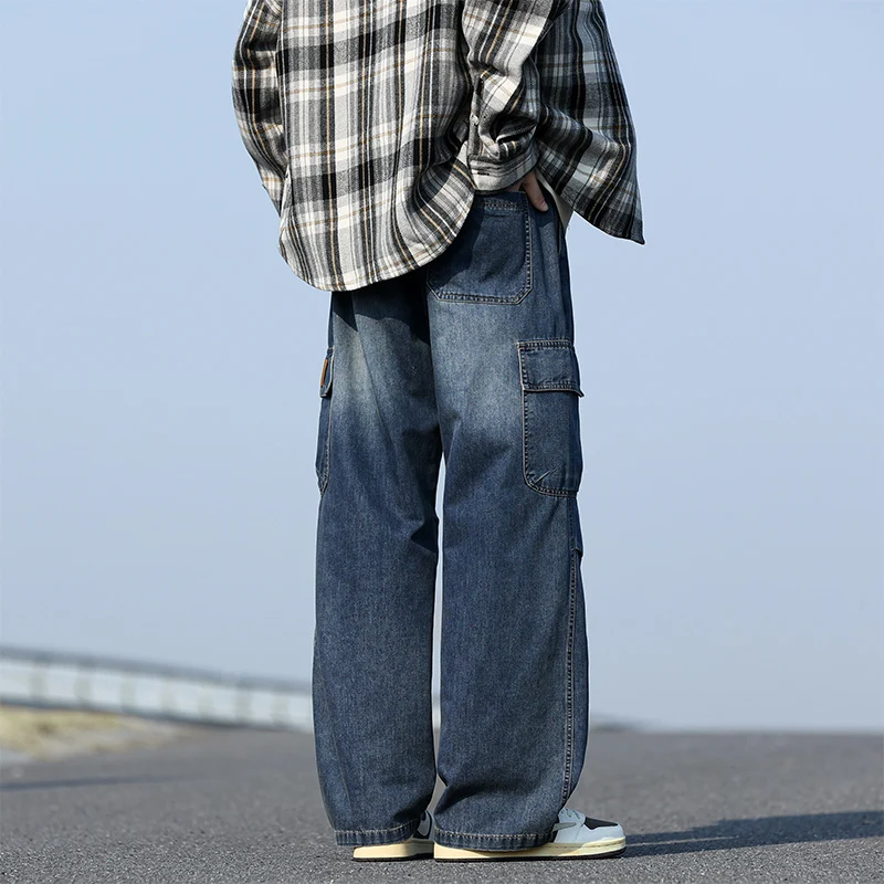 Spring New Wide Leg Washing Jean Cargo Pants Men Street Trousers Neutral Solid Color Loose Casual Thin summer pants Big Size 8xl 5