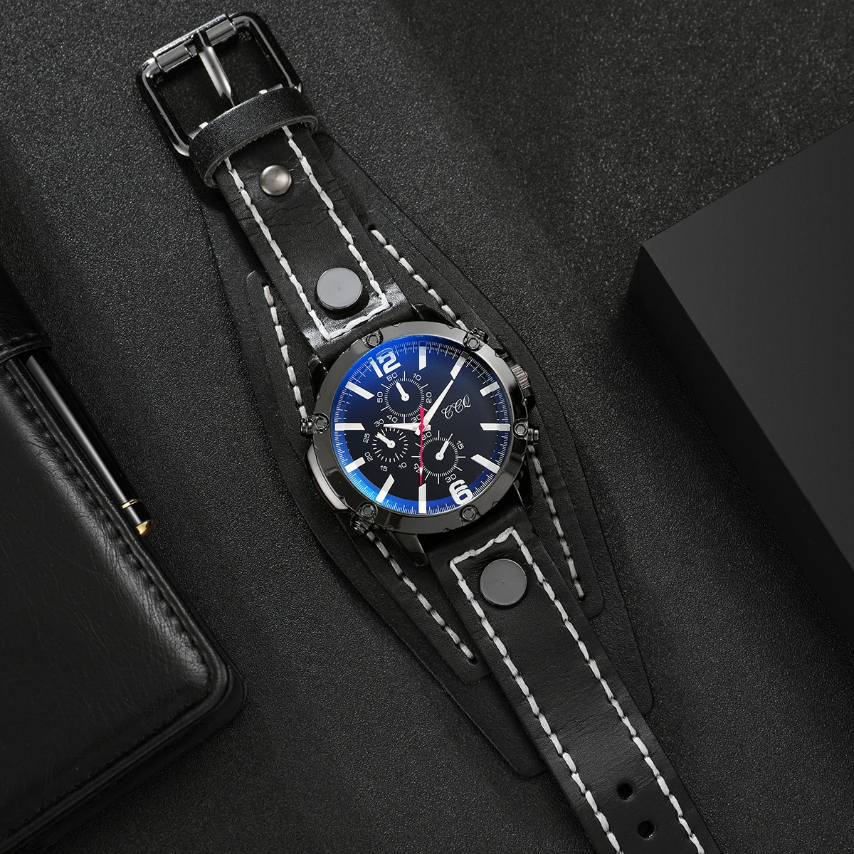 Fashion Men's Watch Three Eyes Blue Dial Leather Strap Casual Sports Style Quartz Watch