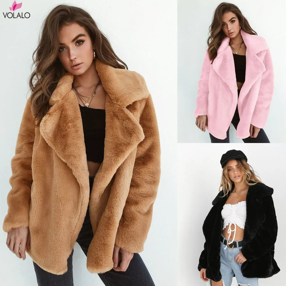

VOLALO Winter Women High Quality Faux Rabbit Fur Coat Luxury Fur Coat Loose Lapel OverCoat Thick Warm Female h Coats