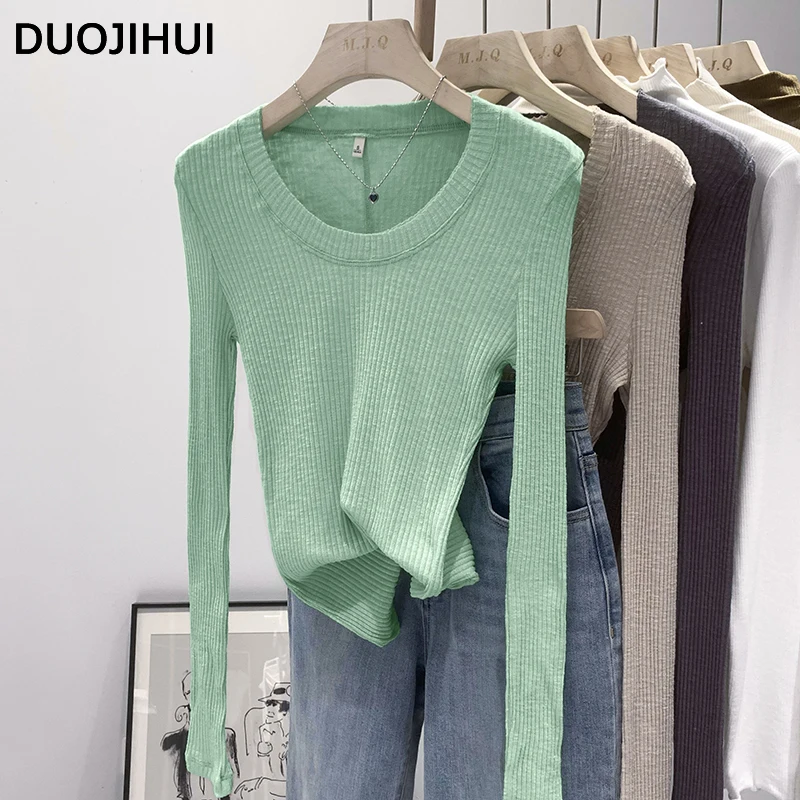 

DUOJIHUI Green Basic O-neck Chicly Knitted Autumn Female Pullovers Korean Simple Casual Solid Color Fashion Slim Women Pullovers