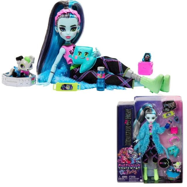 Boneca Monster High Frankie Stein Mechas Azuis Preto Cachorro de