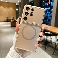 Magnetic Matte Glass Lens Film Protector Case with Magsafe Wireless Charging Compatibility for Galaxy S24 Ultra (Desert Gold)