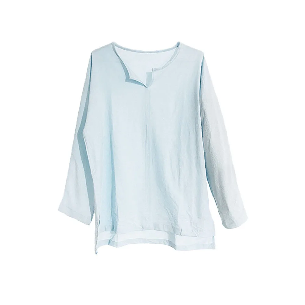 Mens Cotton Linen Long Sleeve V Neck Summer Tshirts