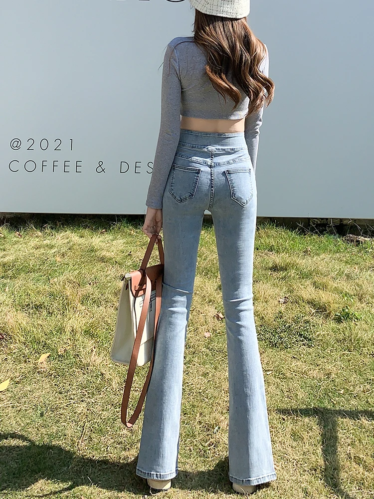 High Waist Double Breasted Jeans For Women Summer Split Flare Denim Pants Skinny Full Length Jean Trousers Female 0816 paige jeans