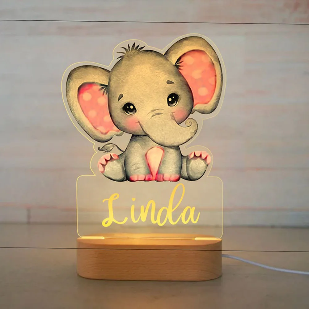 Personalized Baby Elephant Lion LED USB 7 Colors Night Light Name Acrylic Lamp For Kids Children Bedroom Home Decoration