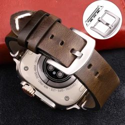 Handmade Vintage Leather Apple Watch Strap - Premium Accessories Watchband - 42 44 45 49mm (Green Silver Link)