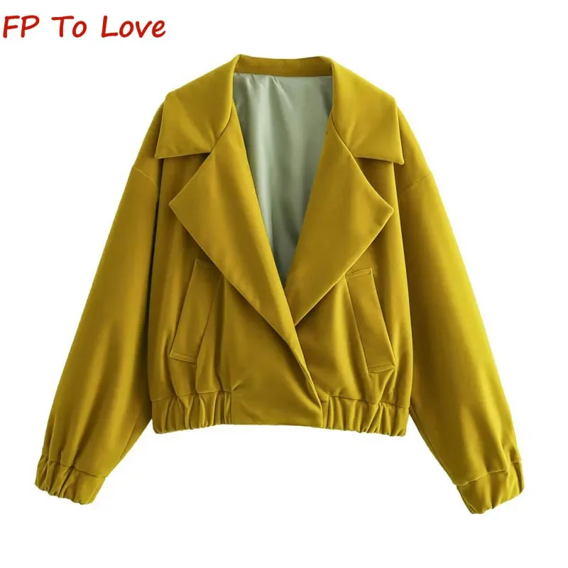 

Vintage Style 2024 Spring Yellow Velvet Cardigan Lapel Jacket PB&ZA Woman Fashion Loose Pleated Waisted Top