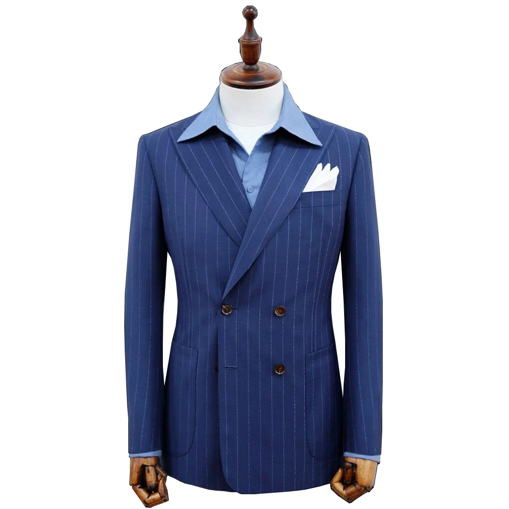 

Custom Made Light Navy Chalk Stripe Mens Striped Suit With Ticket Pocket,Tailored Single Breasted Suit Peak Lapel bespoke suit