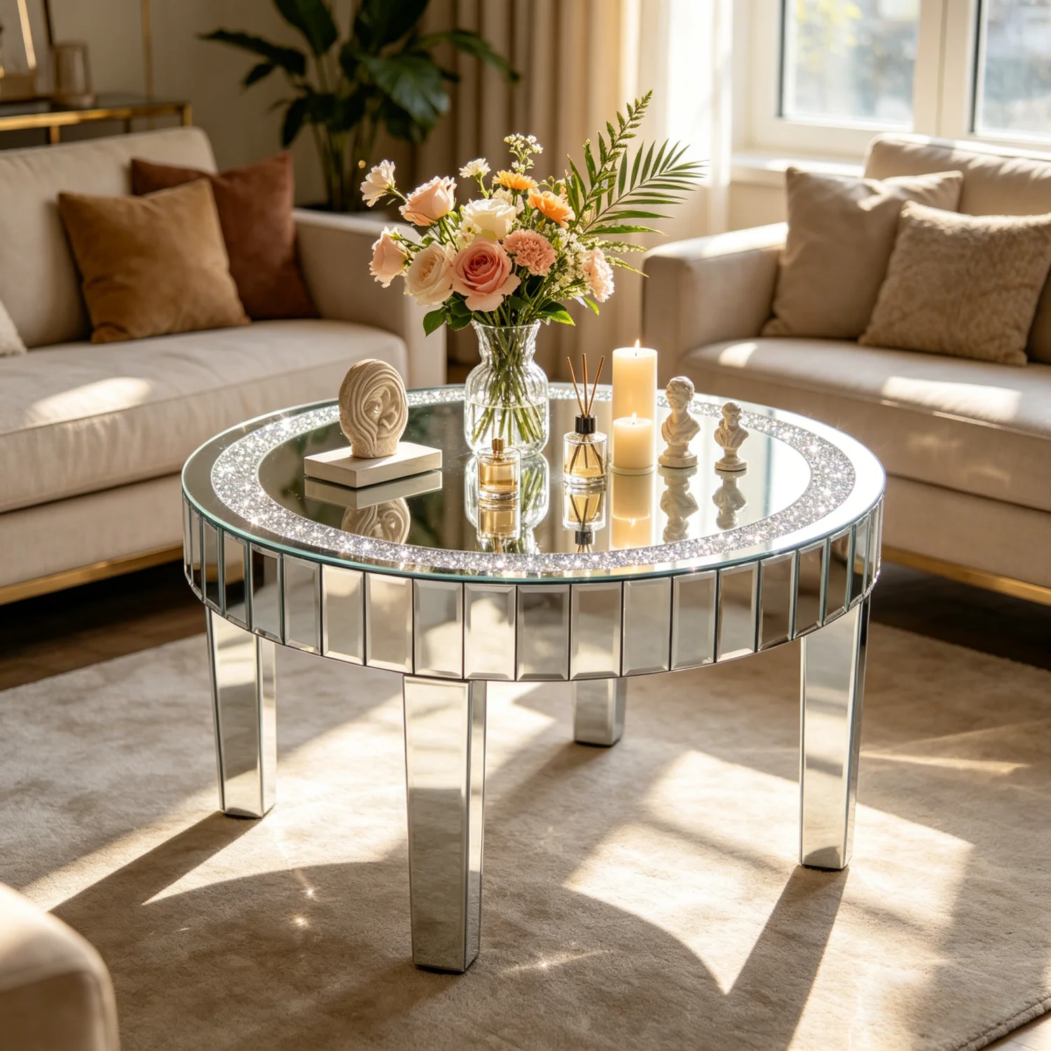 Crushed Crystal Round Coffee Table Glitz Sparkle Diamond Sofa Side Accent Table Bedside Table